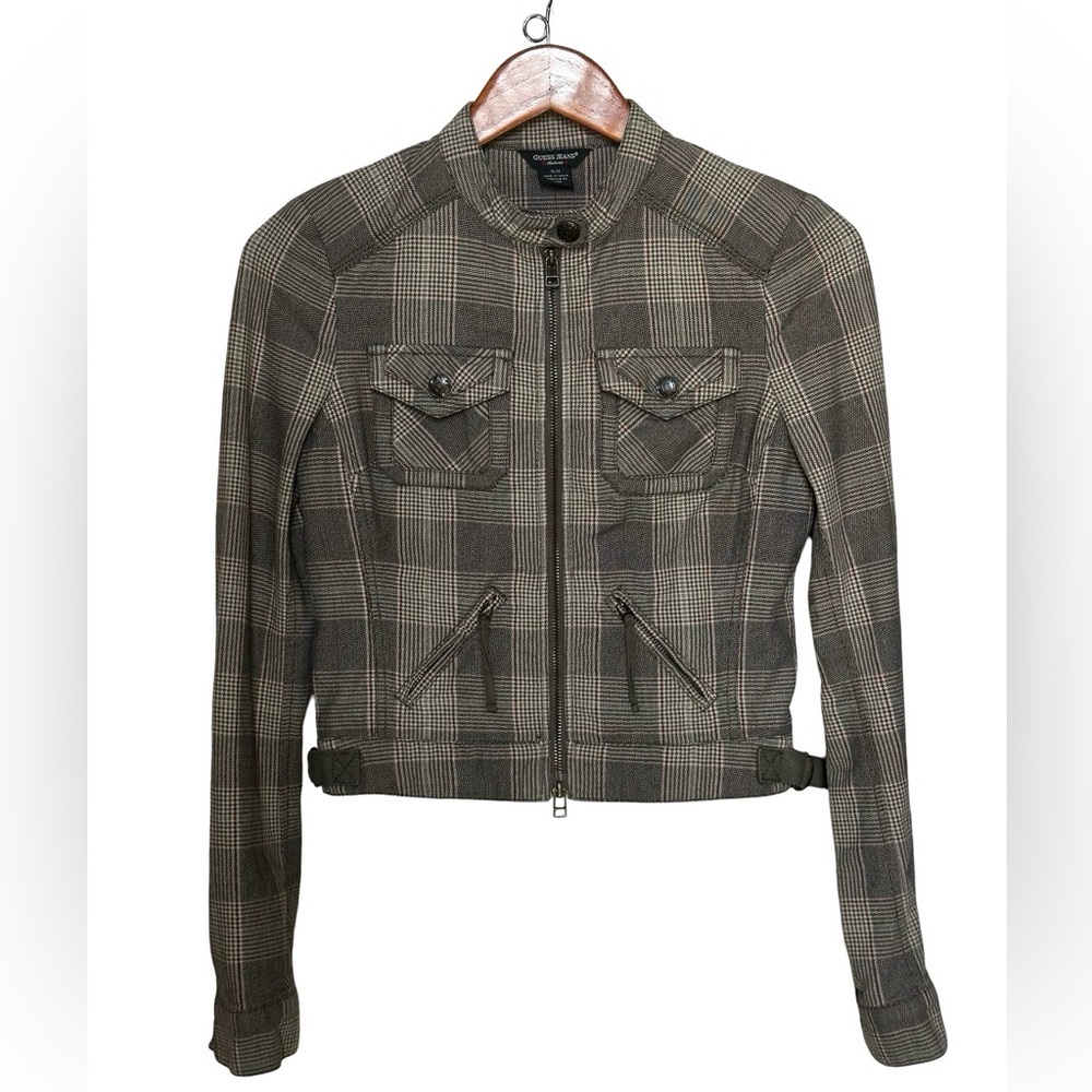 Guess Plaid Bomber Jacket Women’s Size Medium Tan/Black